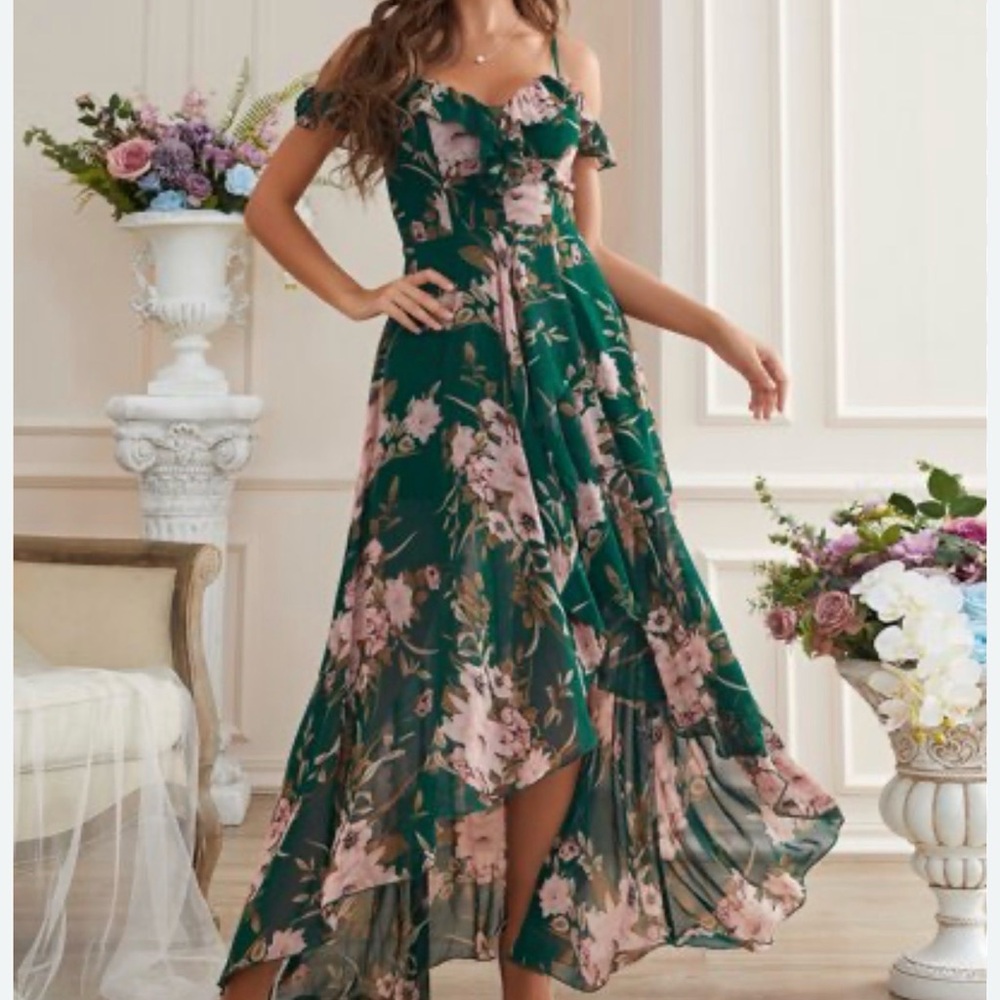 Megan Green Floral Maxi Dress flattering neckline and vertical ruffles